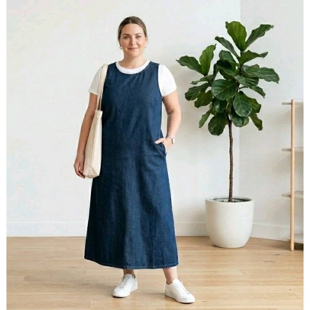 Vintage Denim Jean Jumper Dress 20W Plus Size Cottagecore Pocket USA Modest Maxi